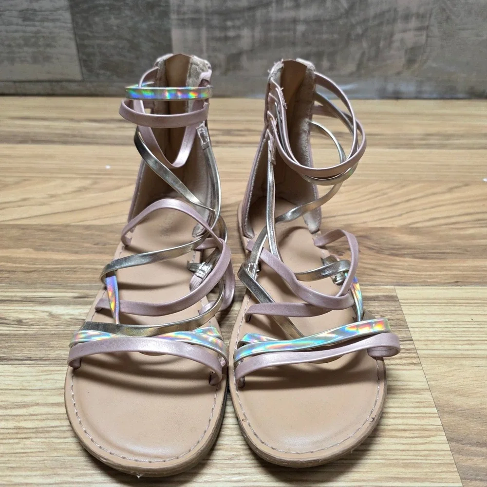 Cat & Jack Dion Gladiator‎ Sandals Girl's Size 2 Rose Gold Iridescent Straps